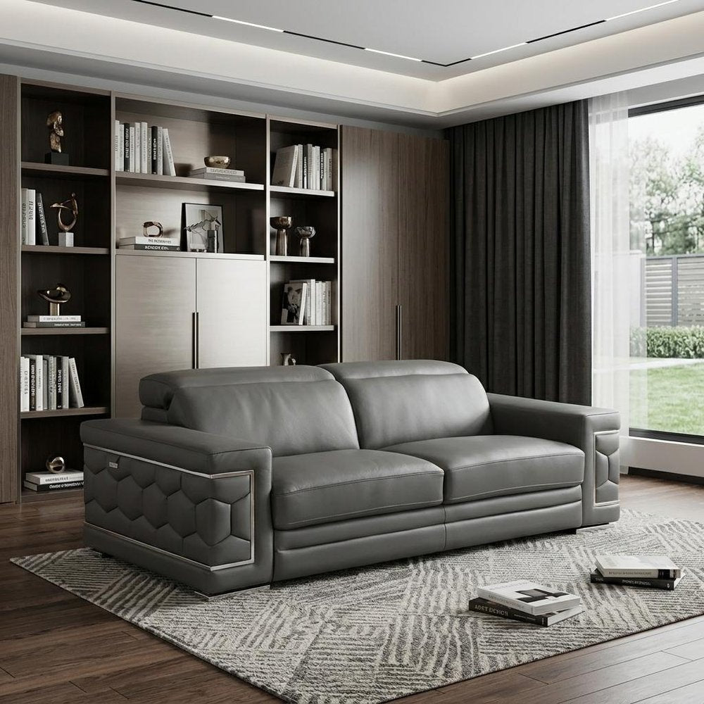 89" Dark Gray Italian Leather Sofa With Silver Legs