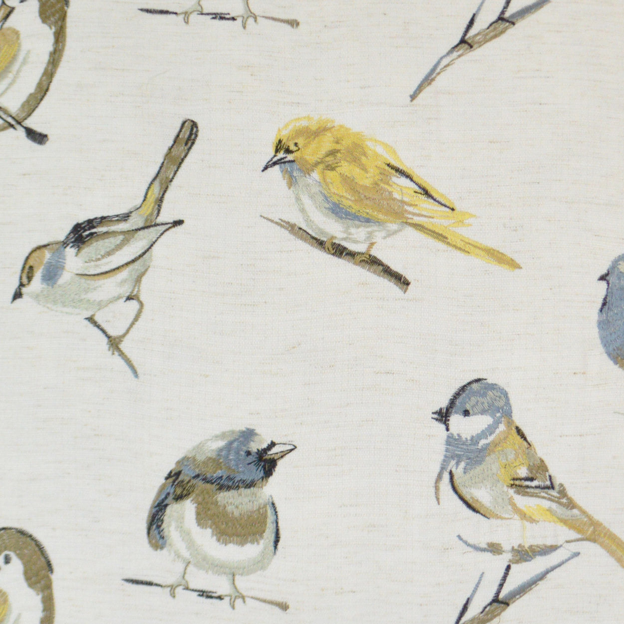 Light fabric with small watercolor birds in yellow, blue and gray perched on twigs