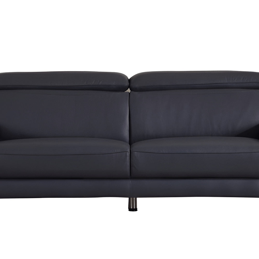 87" Blue Italian Leather Sofa With Silver Legs