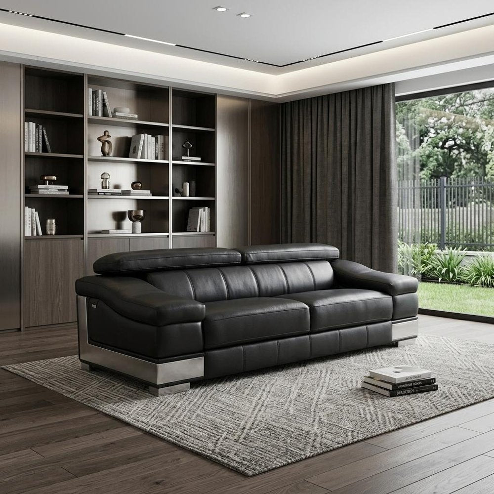 92" Black Italian Leather Sofa With Silver Legs
