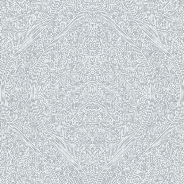 Grey damask wallpaper with ornate scrolling floral pattern and embossed texture.