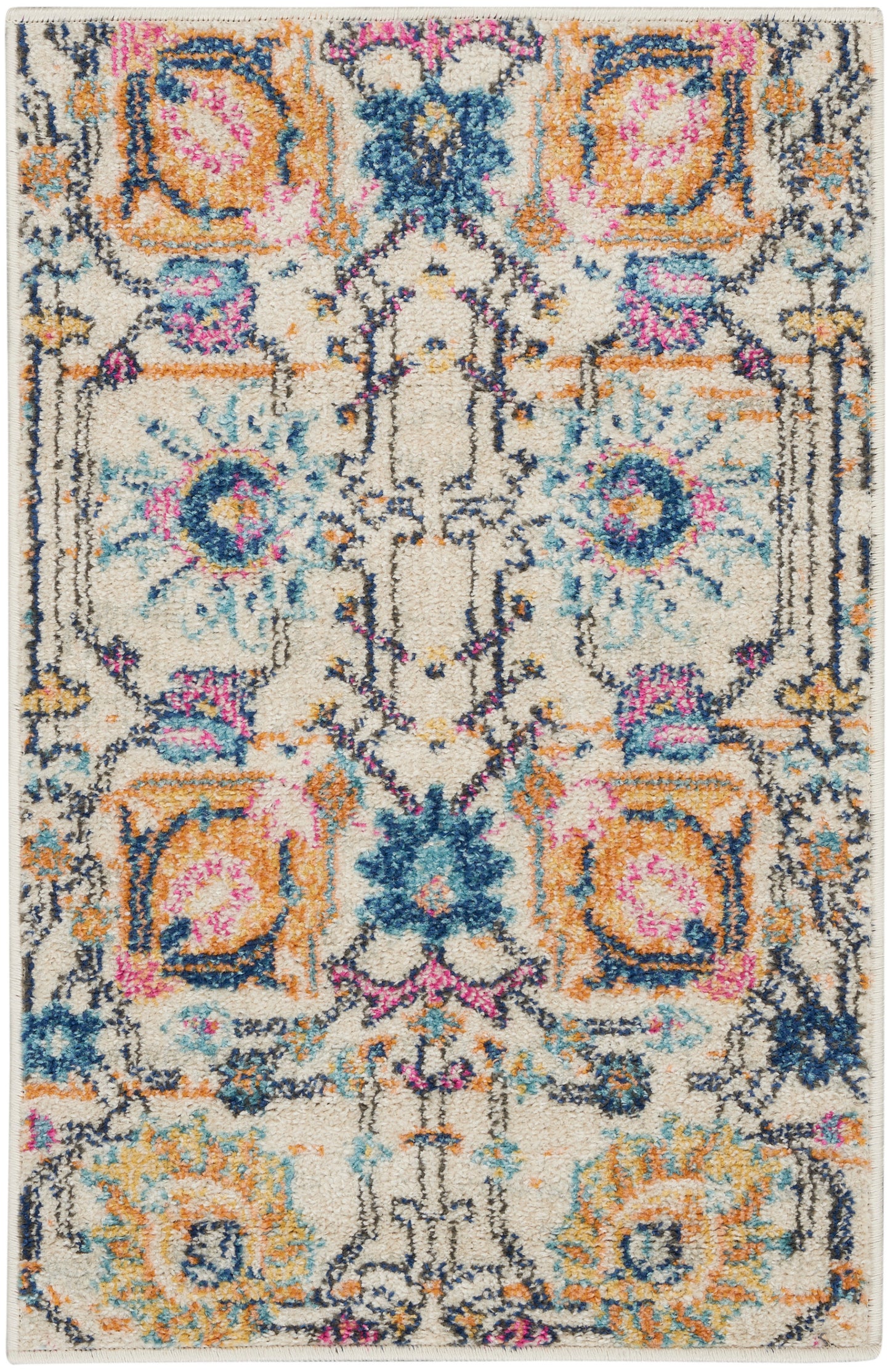 Rectangular high-pile oriental rug in ivory with pink, blue, teal, orange motifs and ornate border.