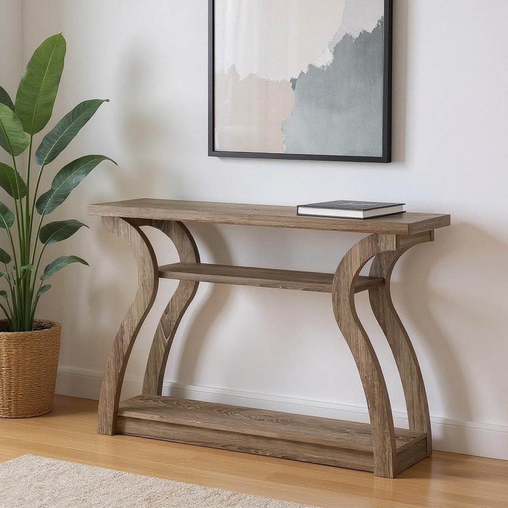 Taupe floor shelf console table with storage and a lower shelf.