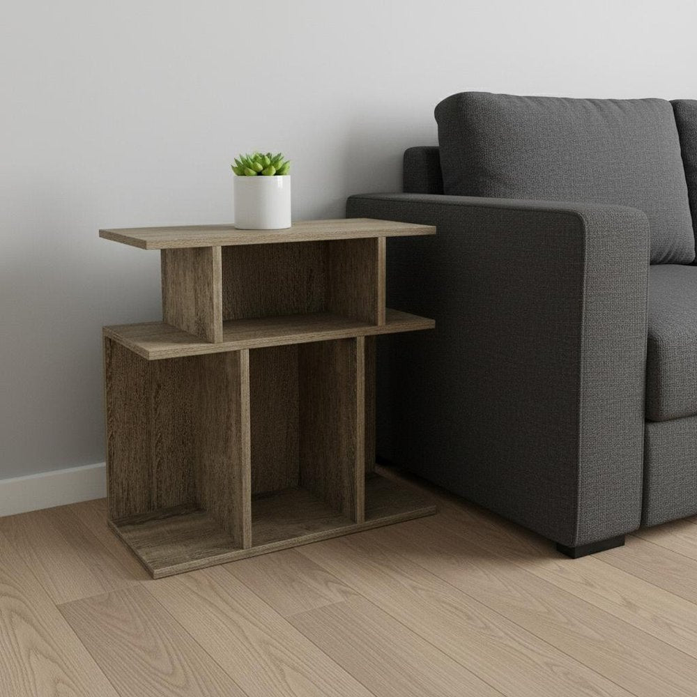24" Taupe Wood Floor Shelf End Table With Six Open Shelves