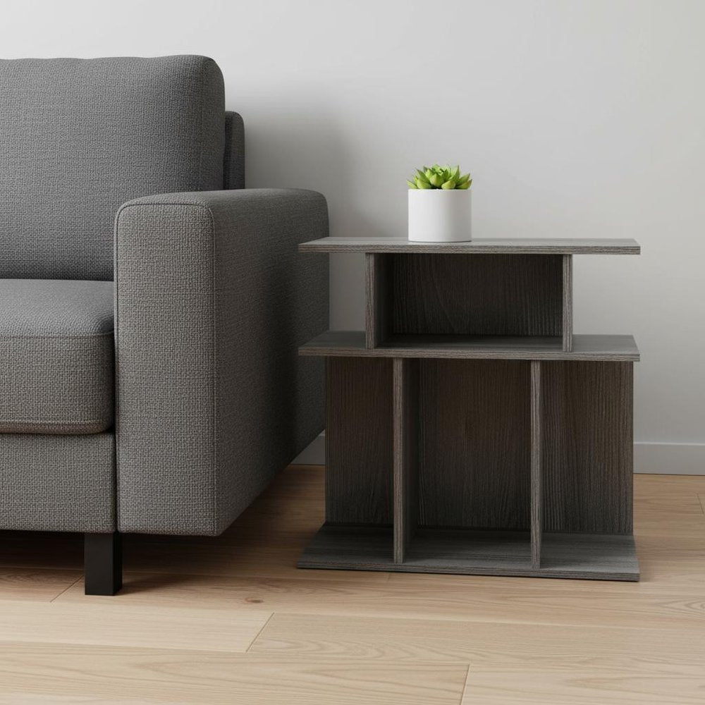 24" Gray Wood Floor Shelf End Table With Six Open Shelves