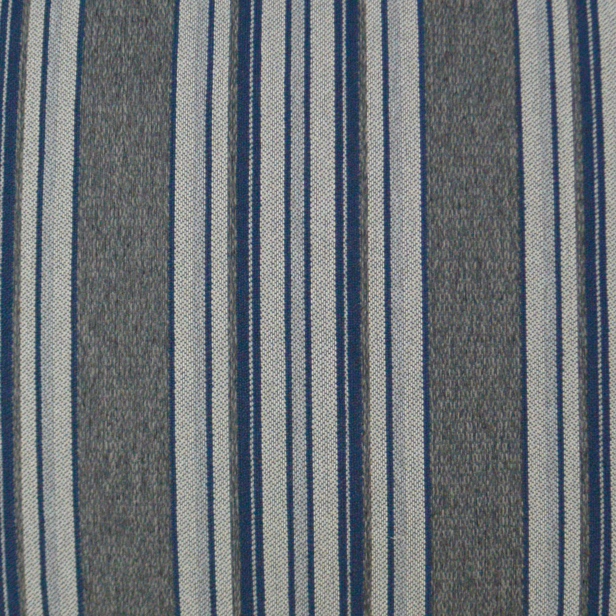 Blue and gray striped woven fabric with narrow and wide stripes for upholstery or drapery.