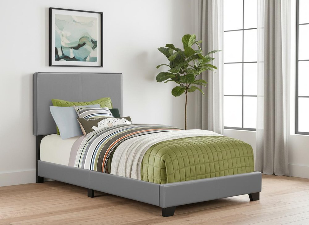 Solid Wood Twin Gray Upholstered Faux Leather Bed