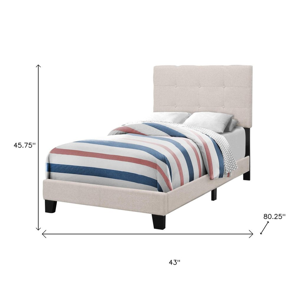Beige Twin Tufted Upholstered Linen Bed Frame with Nailhead Trim