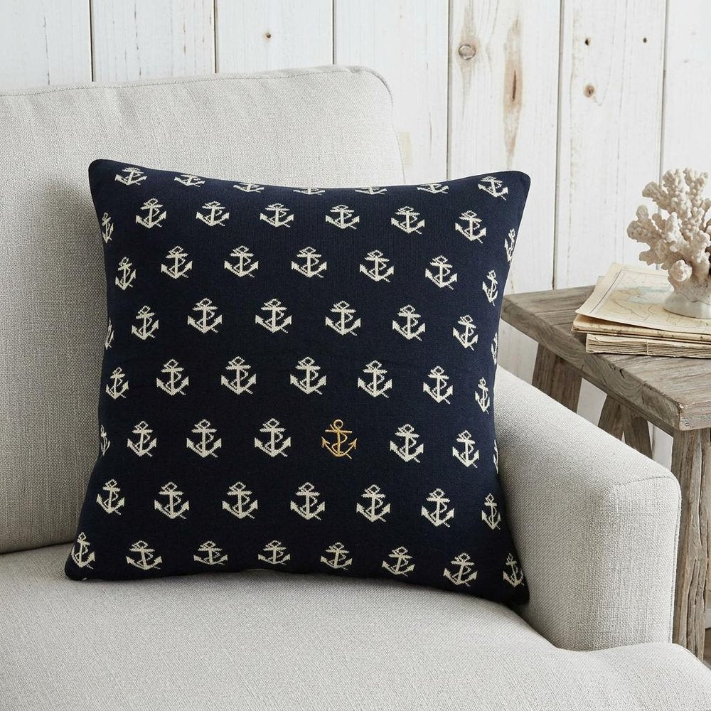 20" Blue and Off White Reversible Nautical Anchor Cotton Throw Pillow