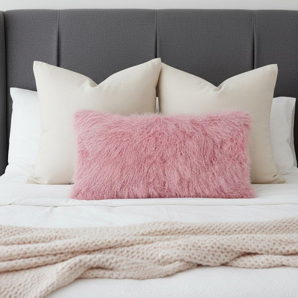 15" X 25" Pink Lambswool Down Lumbar Throw Pillow