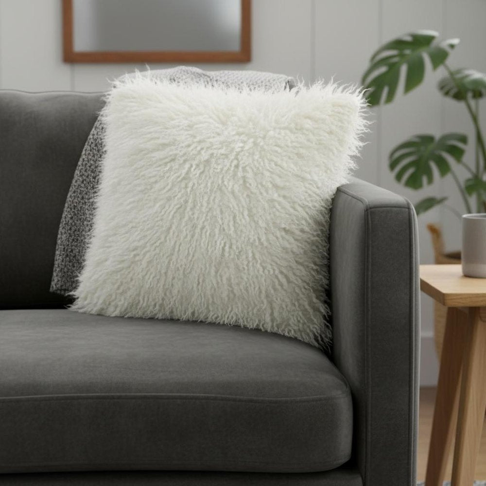 20" Creamy White Genuine Tibetan Lamb Fur Pillow With Microsuede Backing