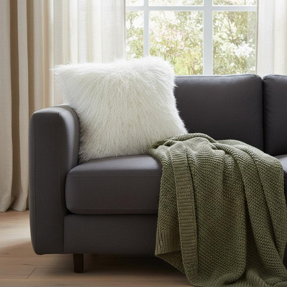 24" Bright White Genuine Tibetan Lamb Fur Pillow With Microsuede Backing