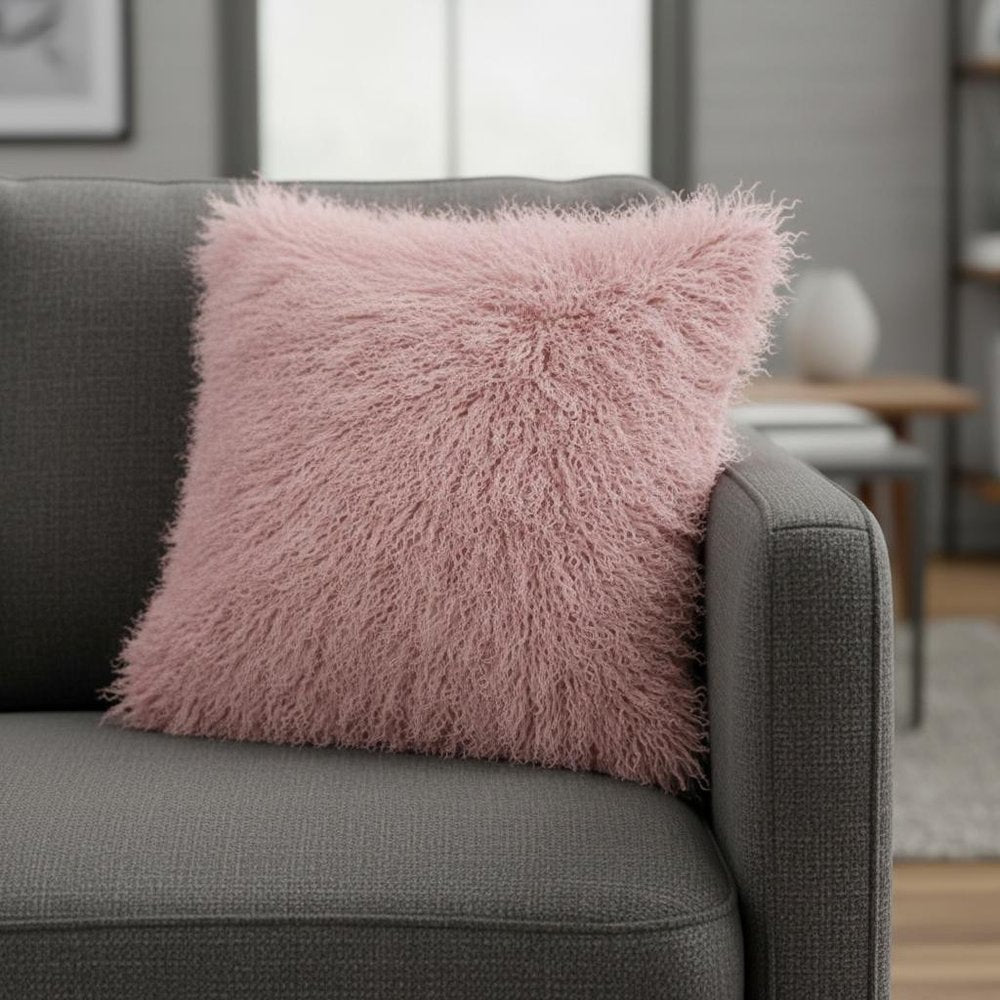 24" Pink Genuine Tibetan Lamb Fur Pillow With Microsuede Backing