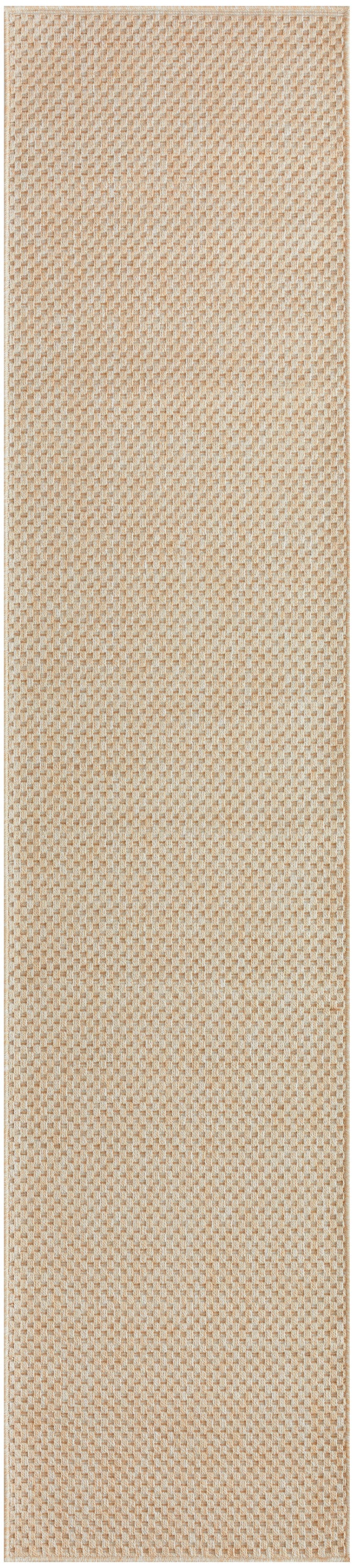 Beige woven jute outdoor rug runner with basketweave texture; natural rustic look.