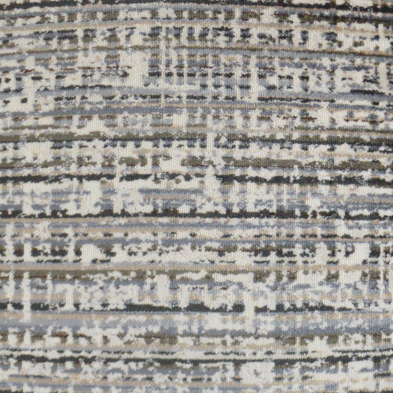 Grey, white and beige woven fabric with distressed horizontal stripes; soft textured upholstery fabric.