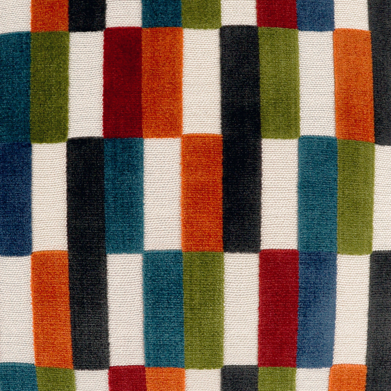 Colorful woven fabric with a blocky checker-like pattern of orange, teal, green, blue, black, red and white rectangles.