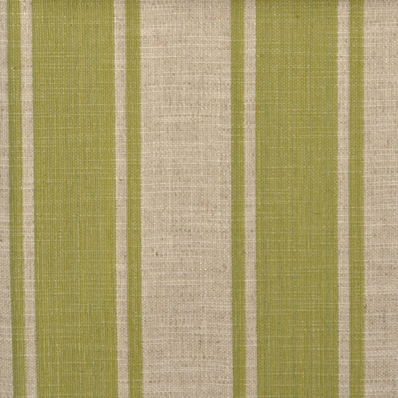 Olive green & beige striped woven upholstery fabric with vertical stripes, linen-like texture.