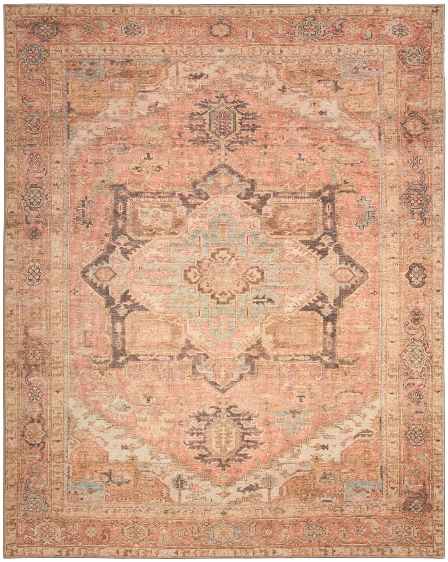 Persian-style vintage rug in peach and pink with ivory central medallion, blue accents, and ornate floral border.