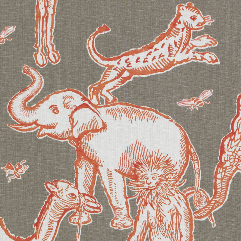 Whimsical orange line-art elephant with a lion on its back on gray fabric; vintage safari print.