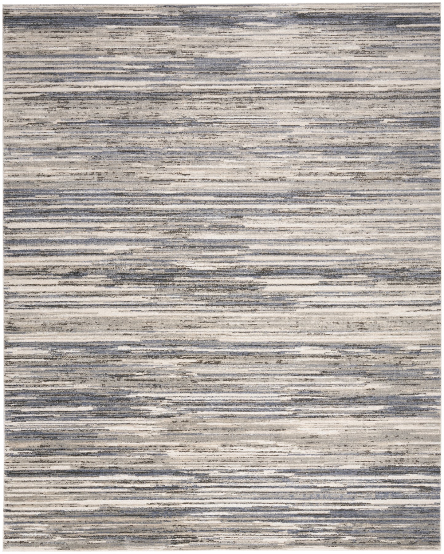 Flatwoven area rug with brushed blue-gray and beige horizontal stripes for modern, neutral decor.