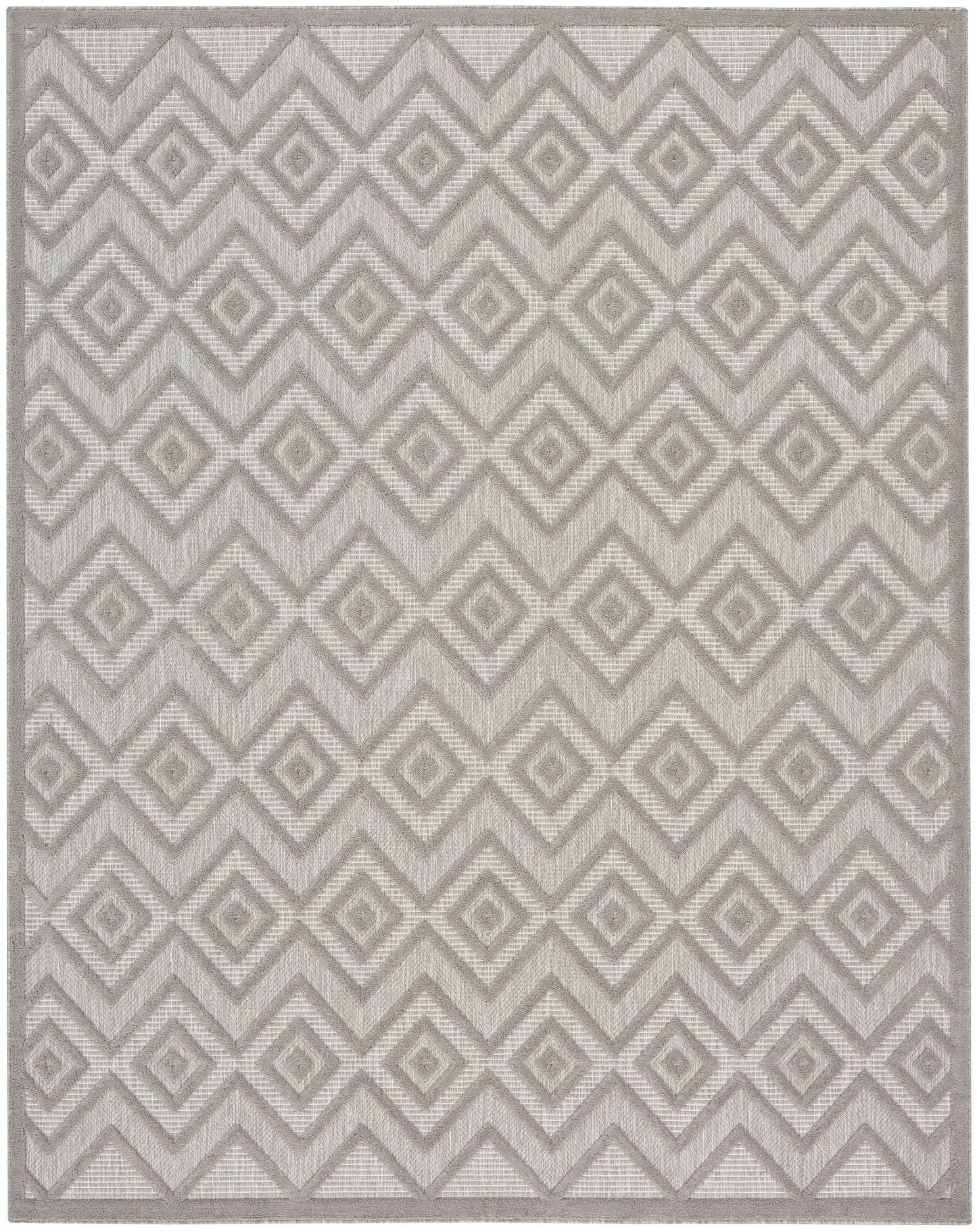Neutral gray geometric area rug with interlocking diamond pattern; woven texture, contemporary style for living room.