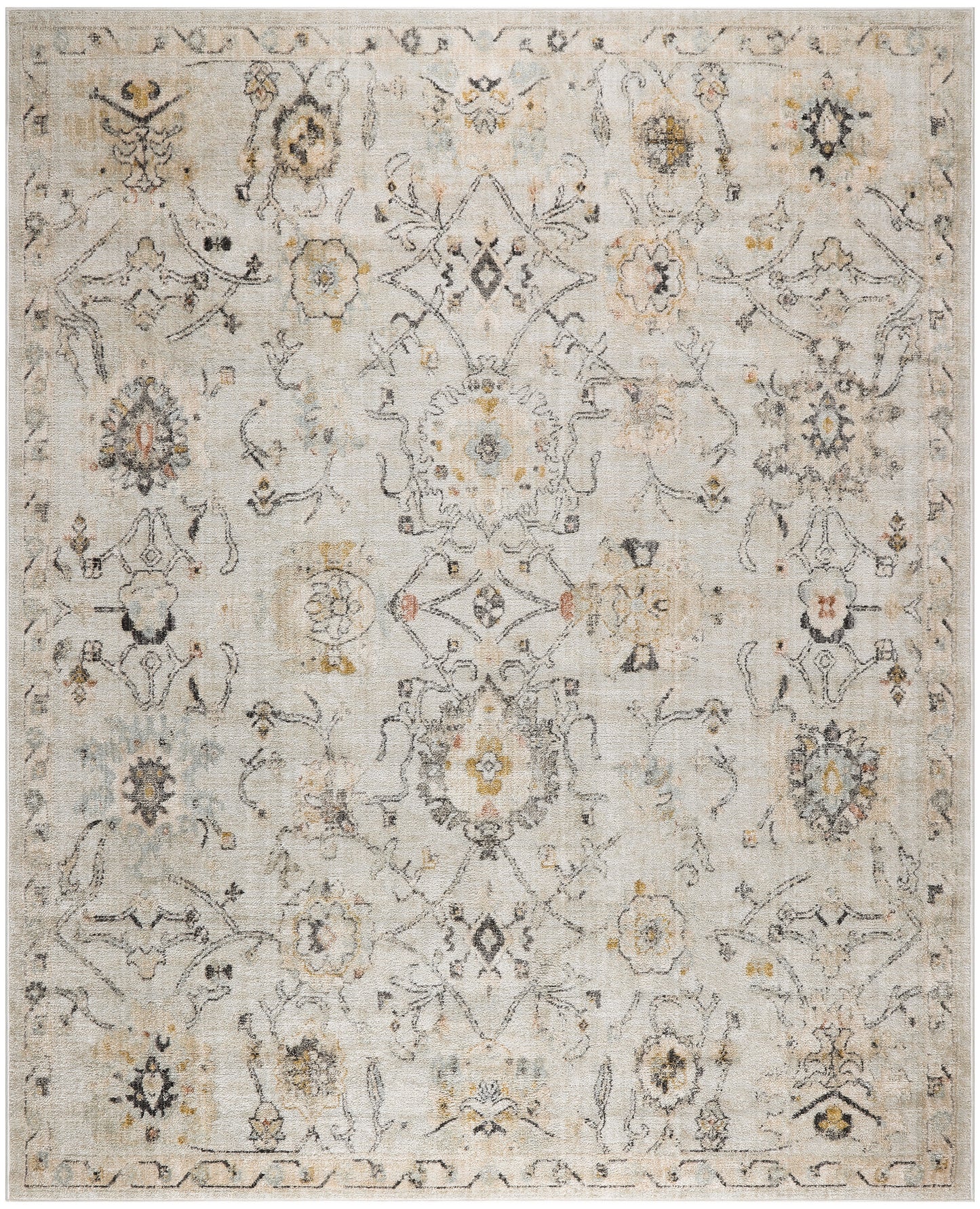 Muted ivory-beige antique-style oriental area rug with distressed floral medallions in gray, blue and pale gold.