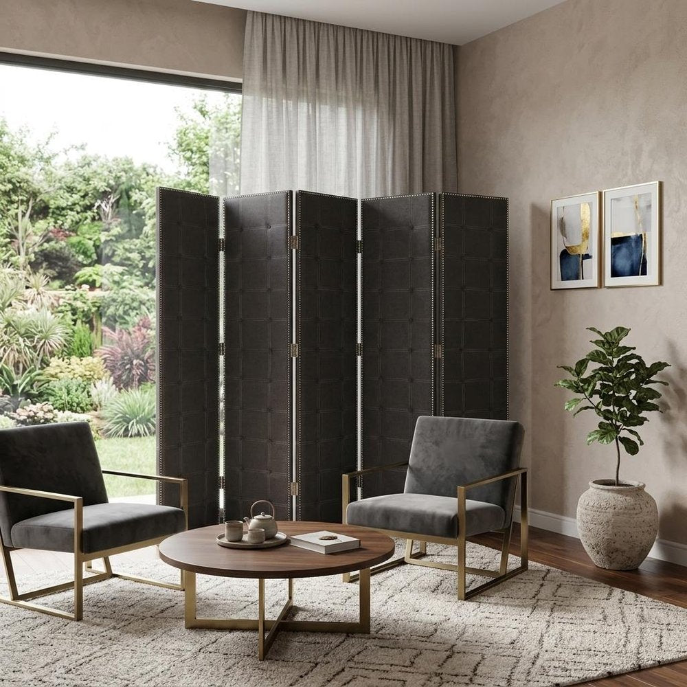 108" Gray Fabric And Wood Folding Five Panel Screen Room Divider