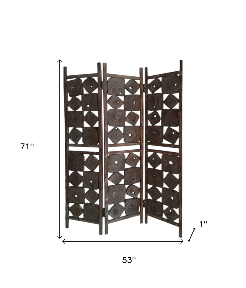 Three-panel wooden room divider with dark brown square-cut lattice panels; 71" tall and 53" wide.