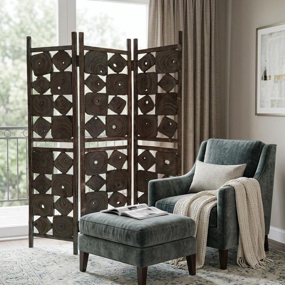 71" Brown Solid Wood Folding Three Panel Screen Room Divider