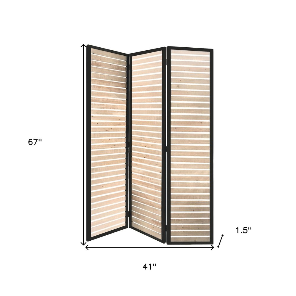 Three-panel folding room divider with natural wood slats and black metal frame; tri-fold privacy screen, 67in tall x 41in wide.