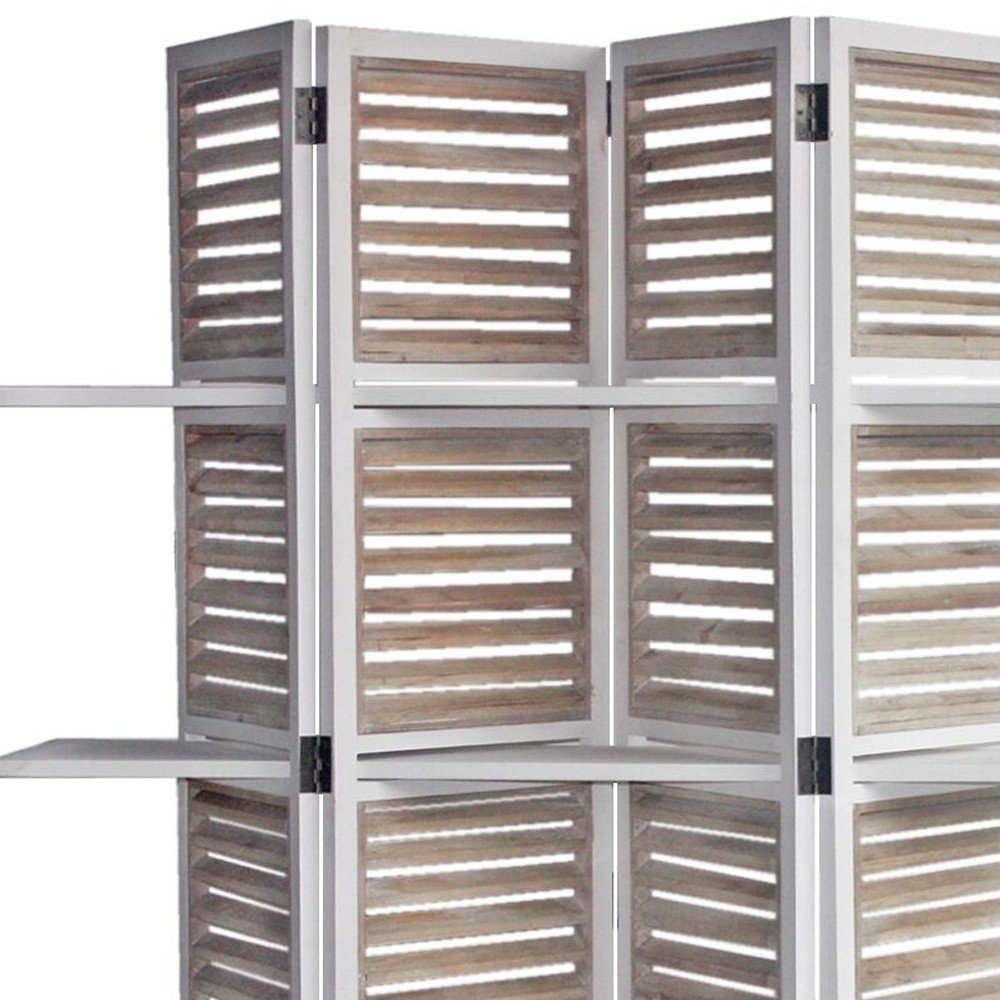 White-framed four-panel folding room divider with natural wood slatted panels.