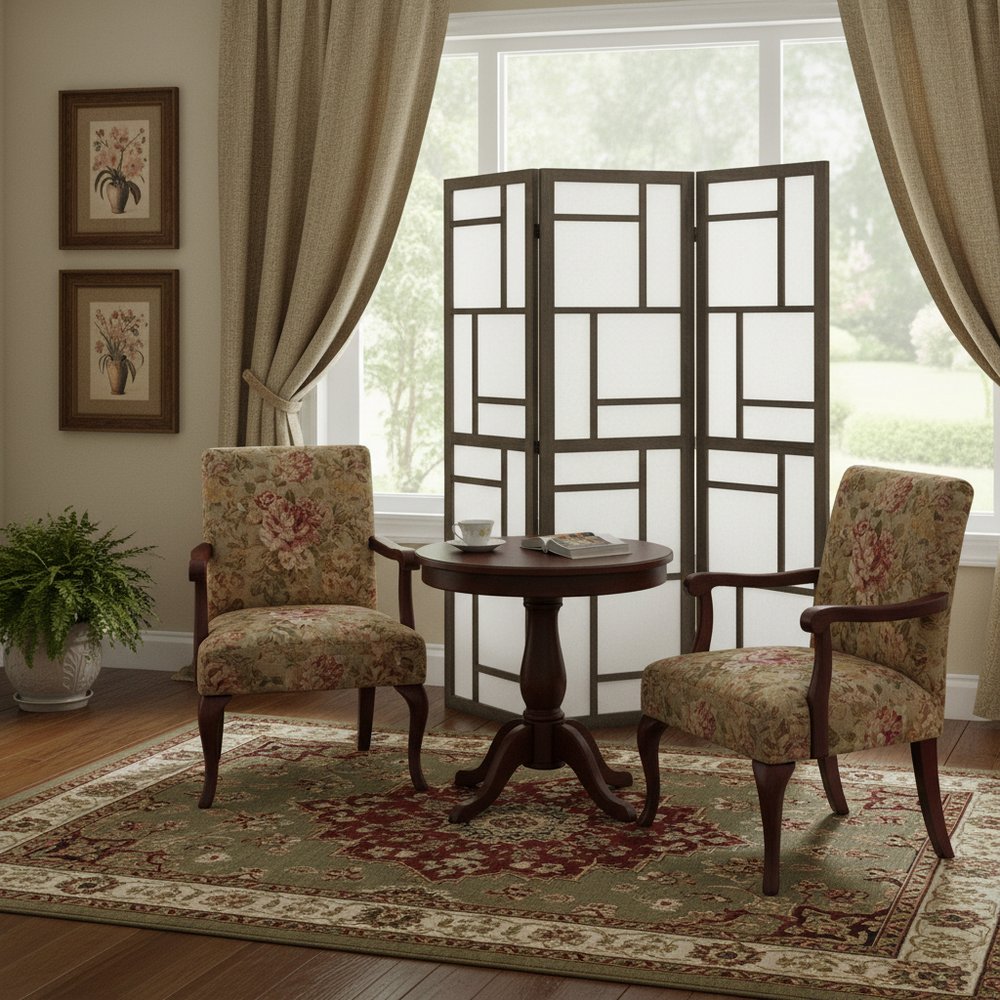 Two floral upholstered armchairs flank a round wooden pedestal table beside a folding screen in a traditional living room.