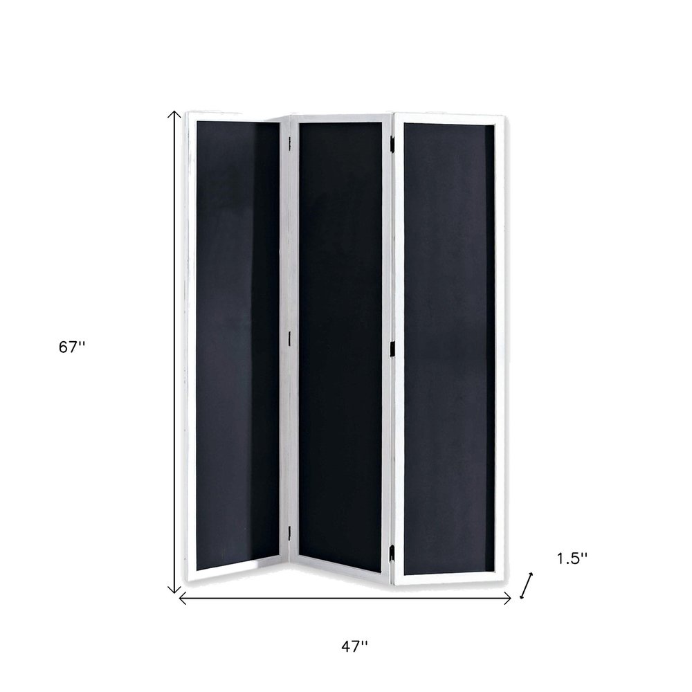 Three-panel white-framed folding screen with dark fabric panels; 67in tall, 47in wide, 1.5in deep, freestanding room divider.