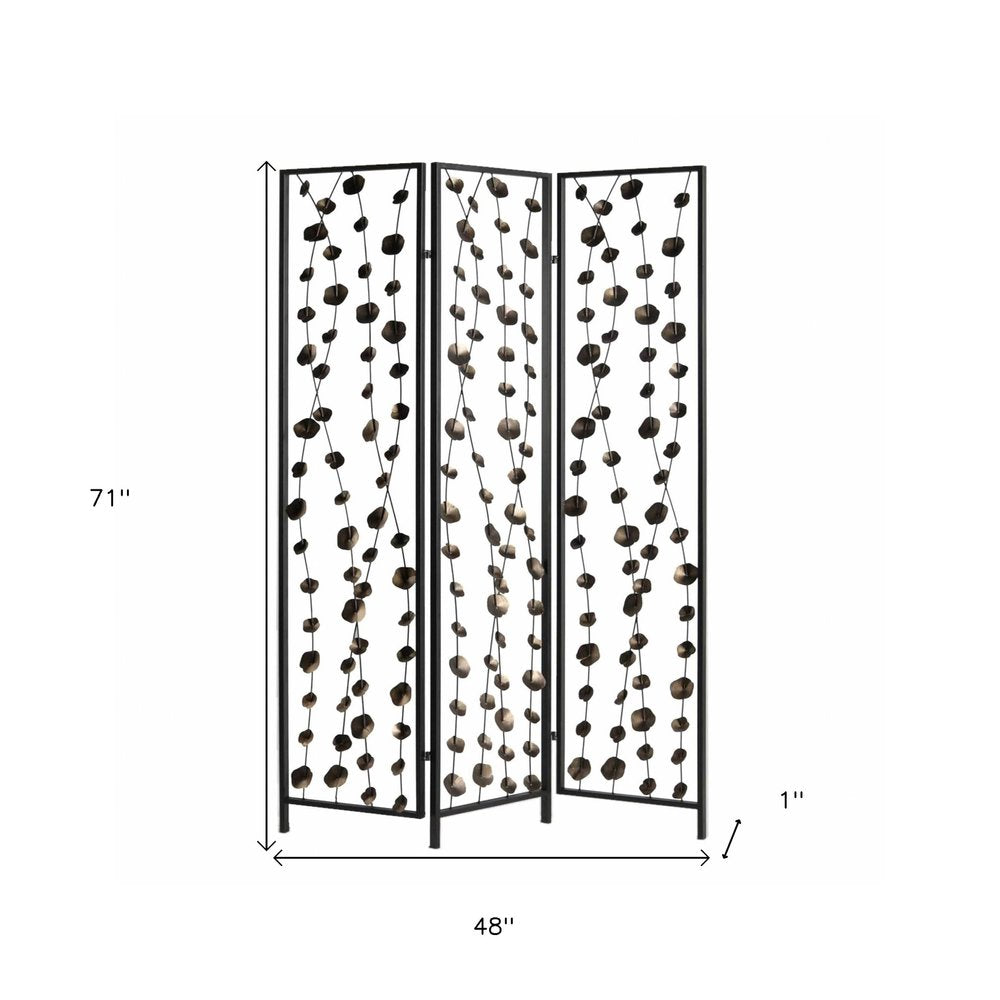 Three-panel black metal room divider with hanging brown bead discs; decorative folding screen, 71" tall, 48" wide.