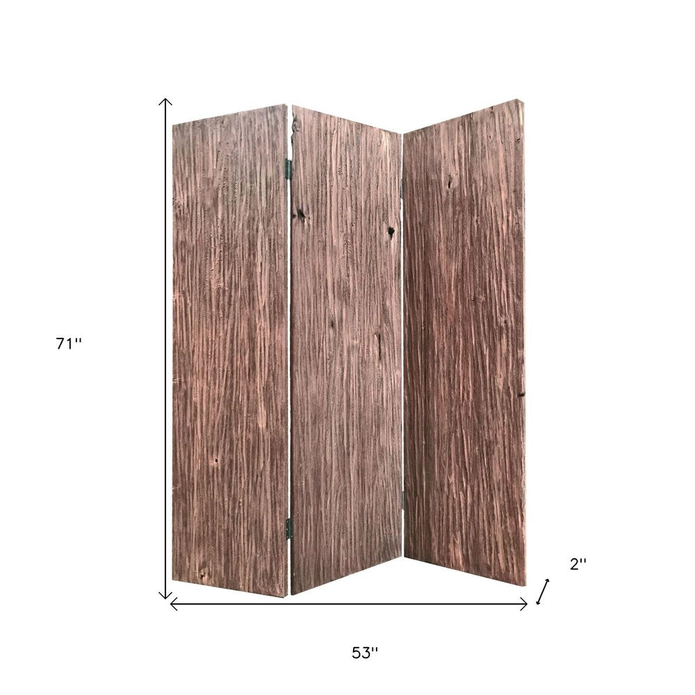 Three-panel wood room divider with weathered brown planks; folding screen, 71" tall, 53" wide, 2" deep.