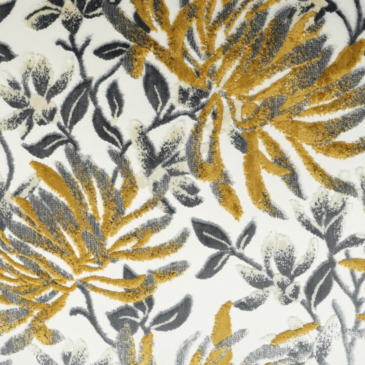 Mustard yellow and gray botanical leaf print fabric on white background.