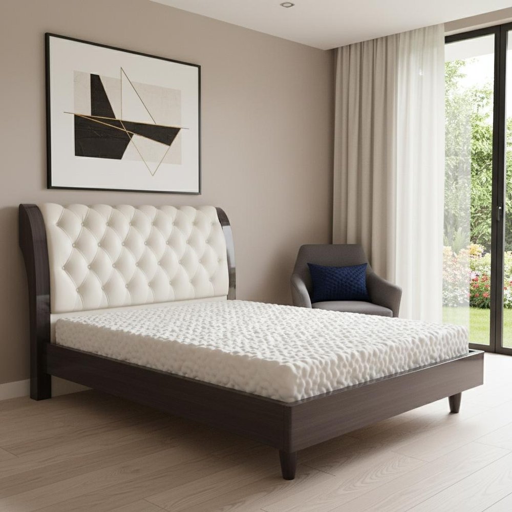 Solid Wood King Tufted Beige Upholstered Faux Leather Bed With Nailhead Trim