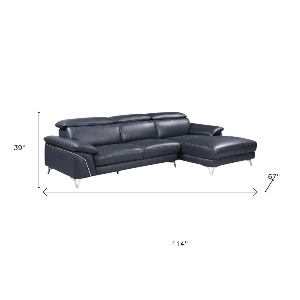 Navy Blue Italian Leather L Shaped Two Piece Sofa and Chaise Sectional