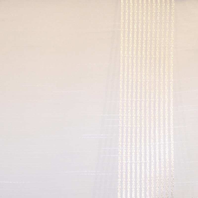 Beige fabric with a vertical gold metallic stripe pattern; soft textile suitable as a table runner or curtain accent.