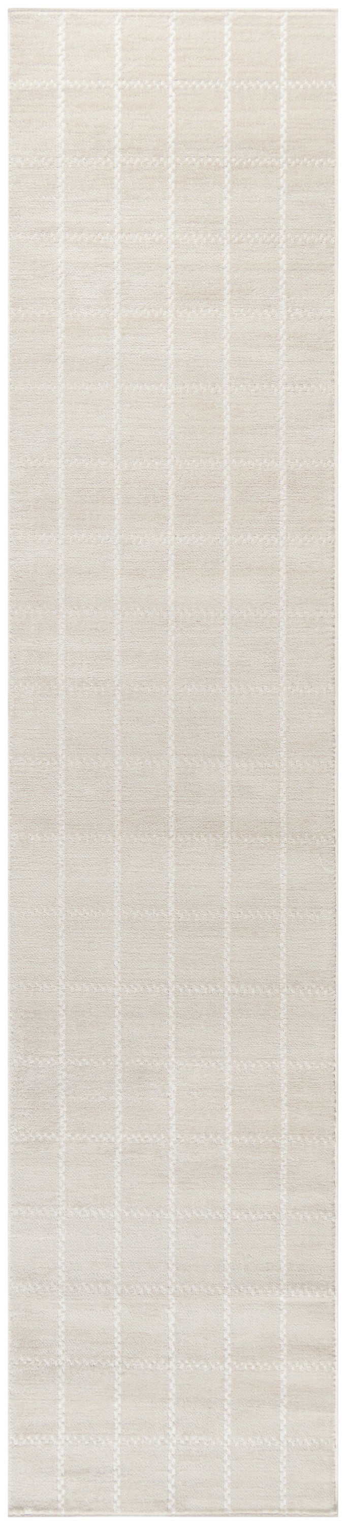 Beige woven rug runner with subtle white grid pattern and soft texture