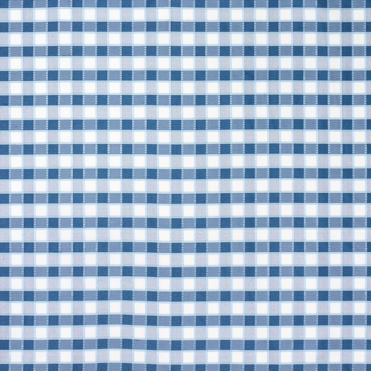 Blue and white gingham silk check fabric pattern; classic casual weave for shirts, tablecloths or crafts.
