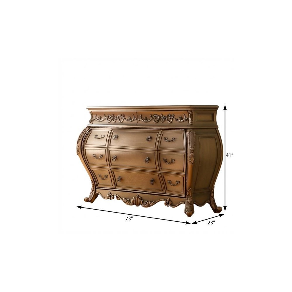 73" Brown Carved Scrollwork Solid Wood Eleven Drawer Triple Dresser