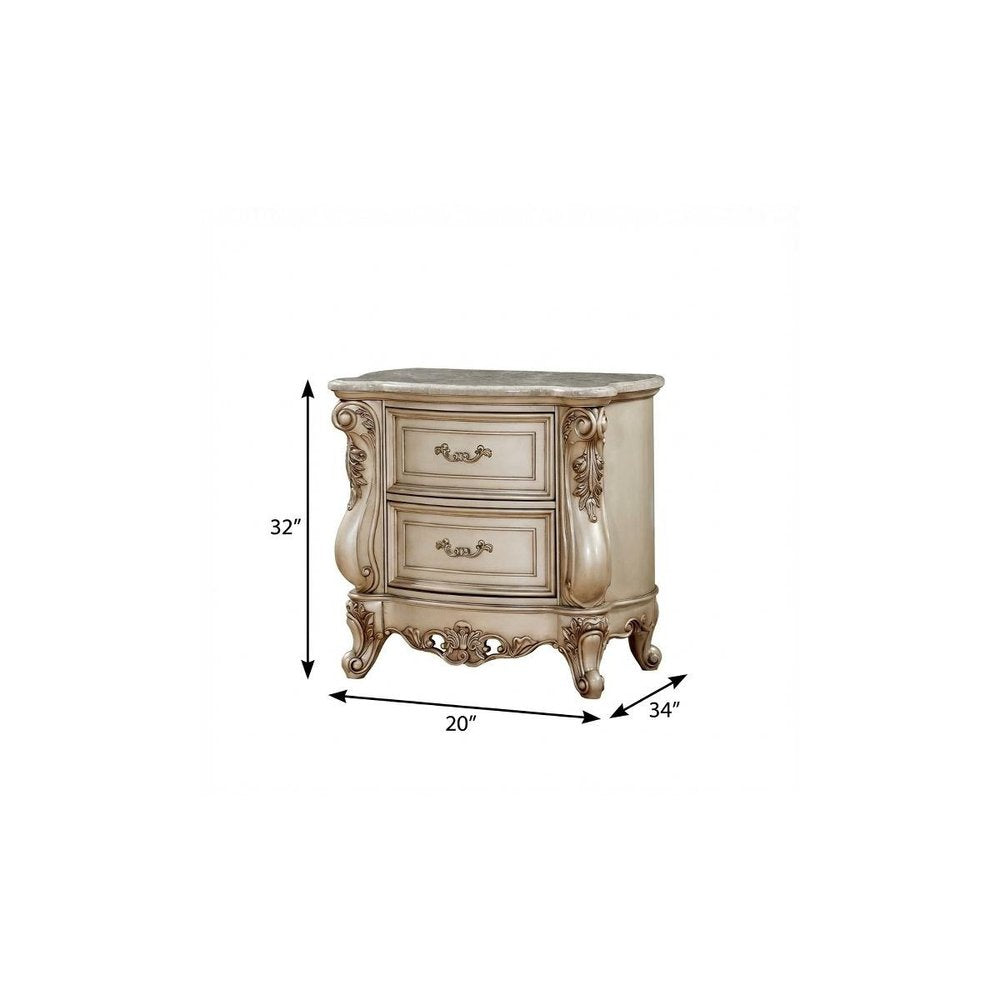 32" Antiqued White Two Drawers Mirrored Nightstand