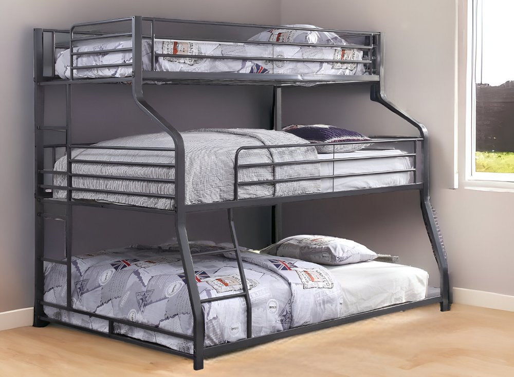62" X 83" X 74" Gunmetal Metal Triple Bunk Bed Twinfullqueen