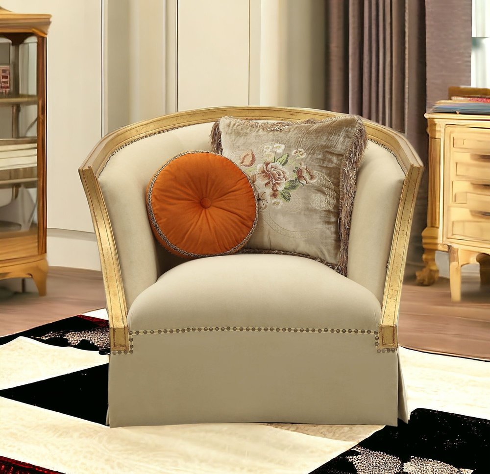 41" Tan and Gold Distressed Club Chair And Toss Pillows
