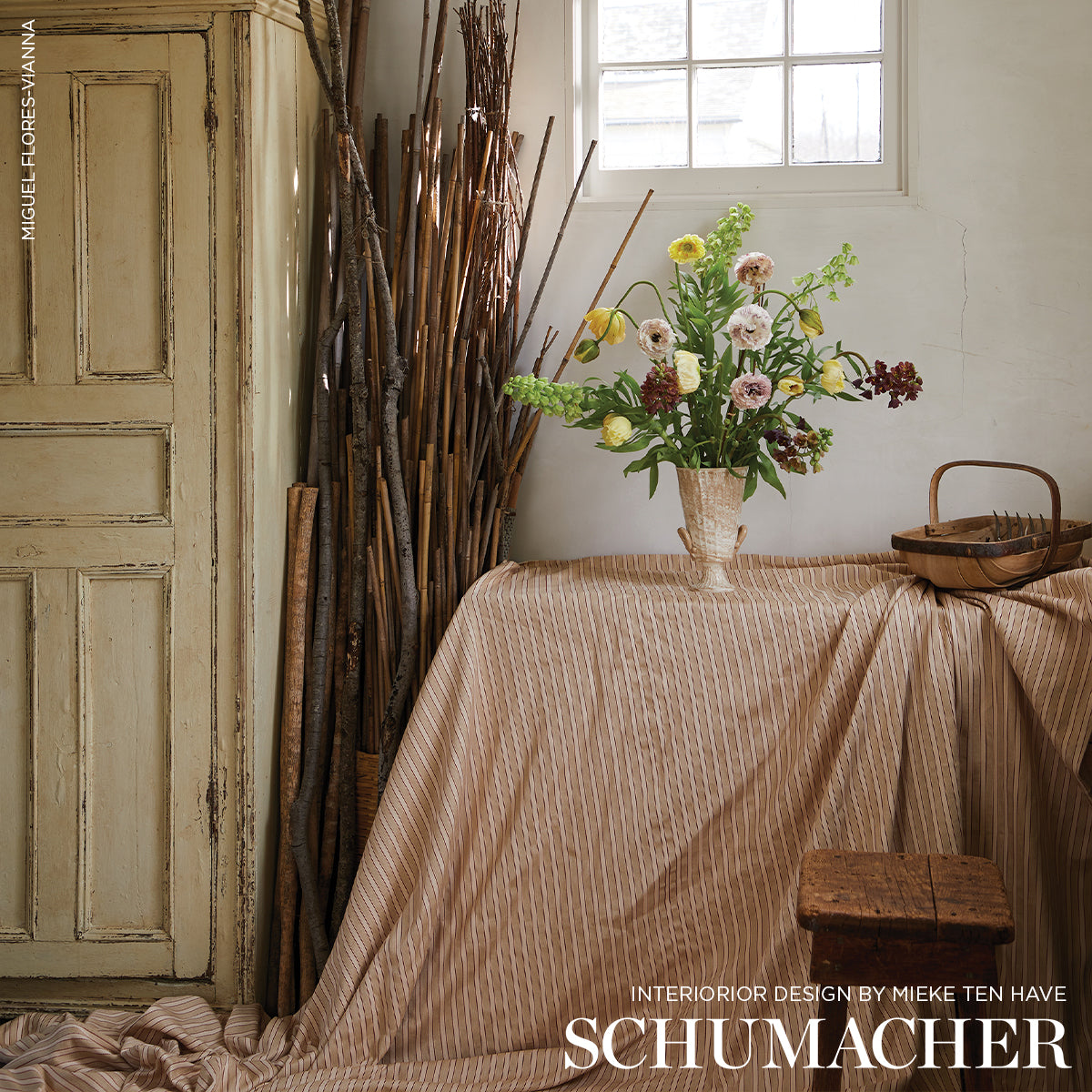 SCHUMACHER SEA ISLAND STRIPE ANTIQUE TICKING STRIPE PATTERN WOVENS PATTERN WOVENS SANDALWOOD - 3475001