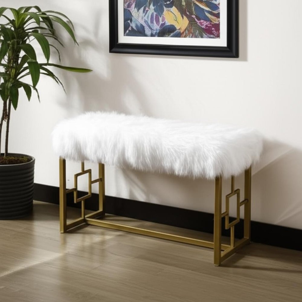 18" White and Gold Faux Fur And Metal Bench