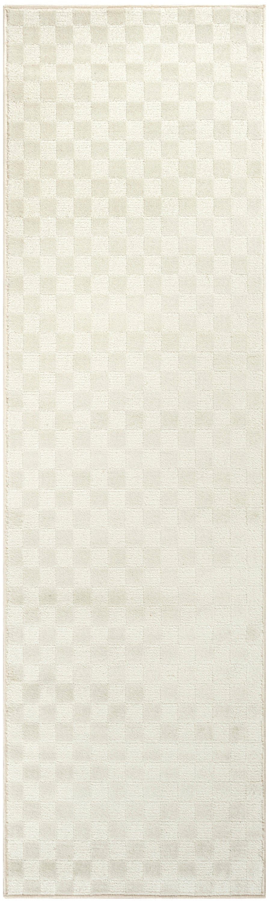 Cream checkerboard textured runner rug with soft plush pile and subtle border.