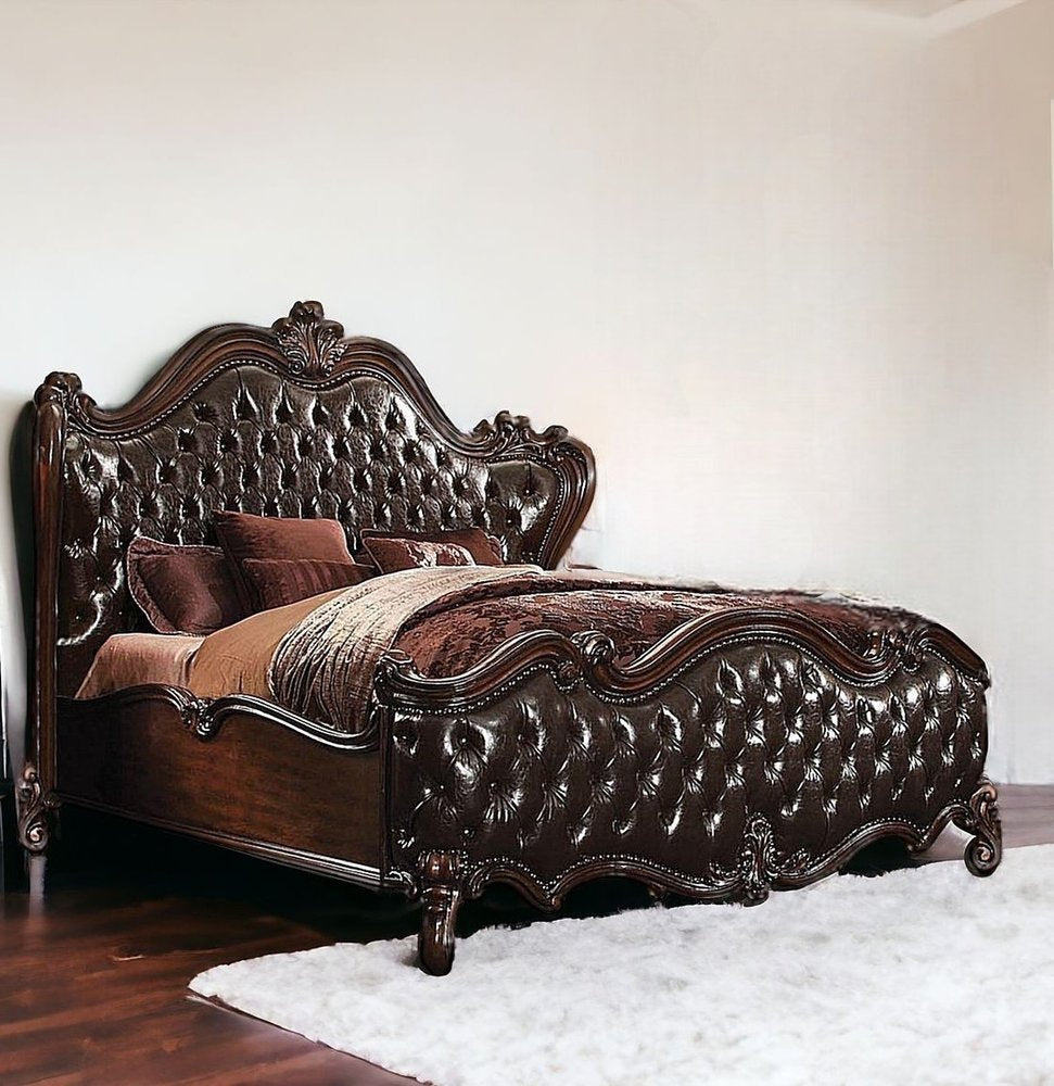Dark Brown King Bed Frame with Nailhead Trim