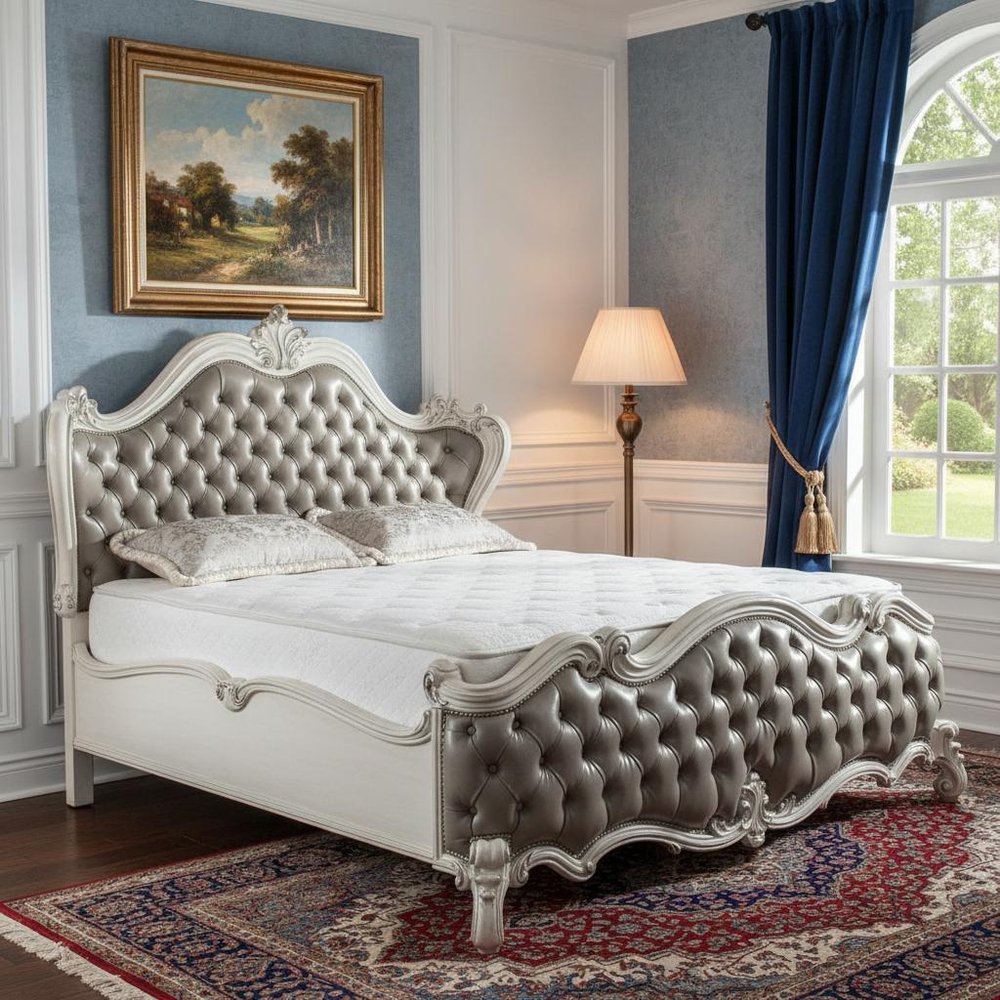 76" X 95" X 73" Vintage Gray Pu Bone White Wood Poly Resin Upholstery Queen Bed